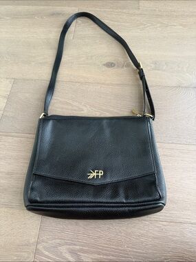 Freshly Picked Black Pebbled Leather Shoulder Bag with Gold Logo